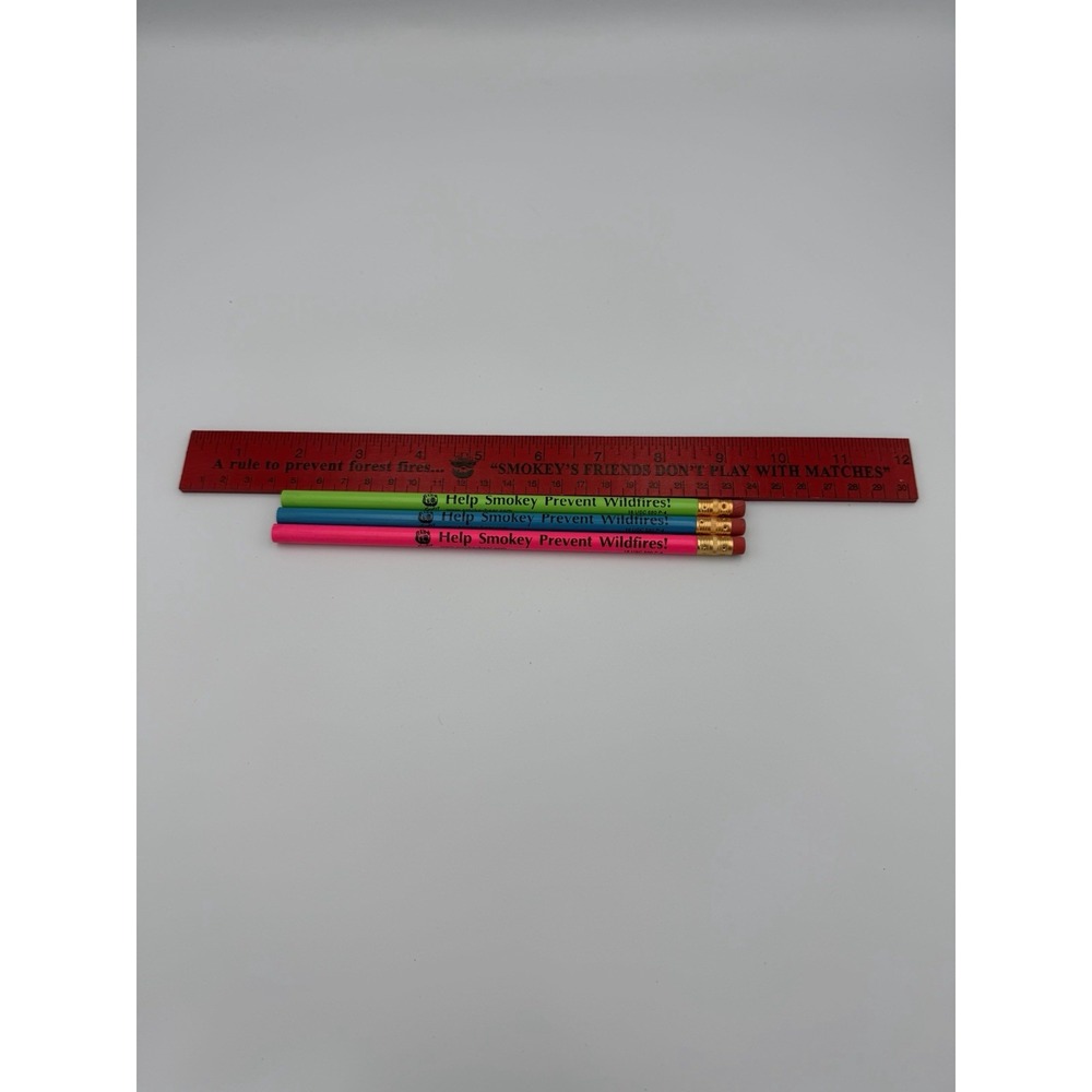 Vtg Smokey Bear Ruler & Pencils Lot Prevent Wildfires School Supplies Retro